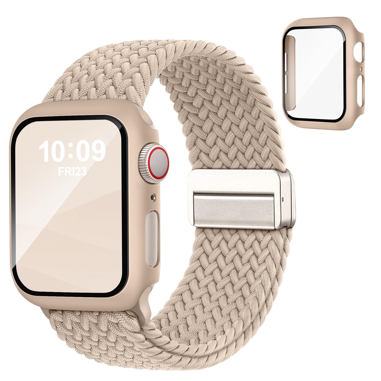 Magnetic Braided Band and Case Compatible with Apple Watch Bands Women Men 40mm 44mm 41mm 45mm 42mm 46mm, Stretchy Solo Loop Protective Cover & Screen Protector for iWatch Series 11/SE3/10/9/8/7/6/5/4