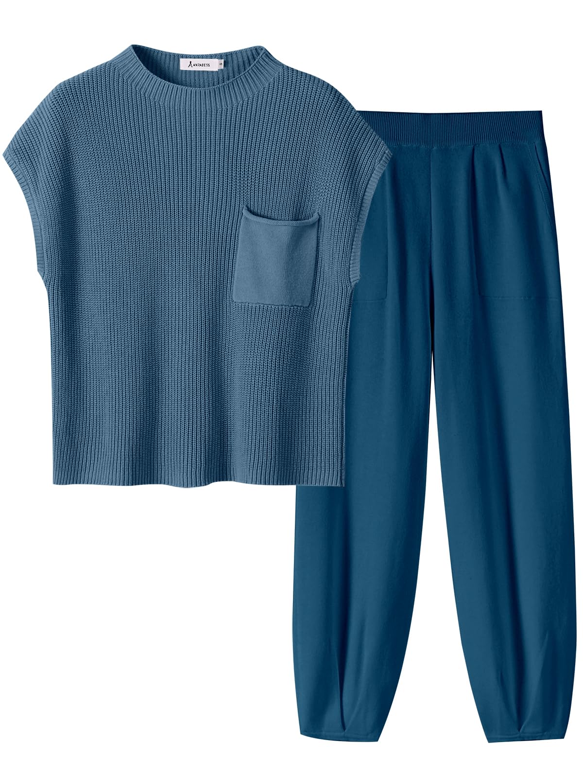 Photo 1 of ANRABESS Women's Two Piece Outfits Knit Sweater Vest Crop Top Pants Lounge Matching Tracksuit Sweatsuit Travel Clothes Sets Deep Blue Medium
