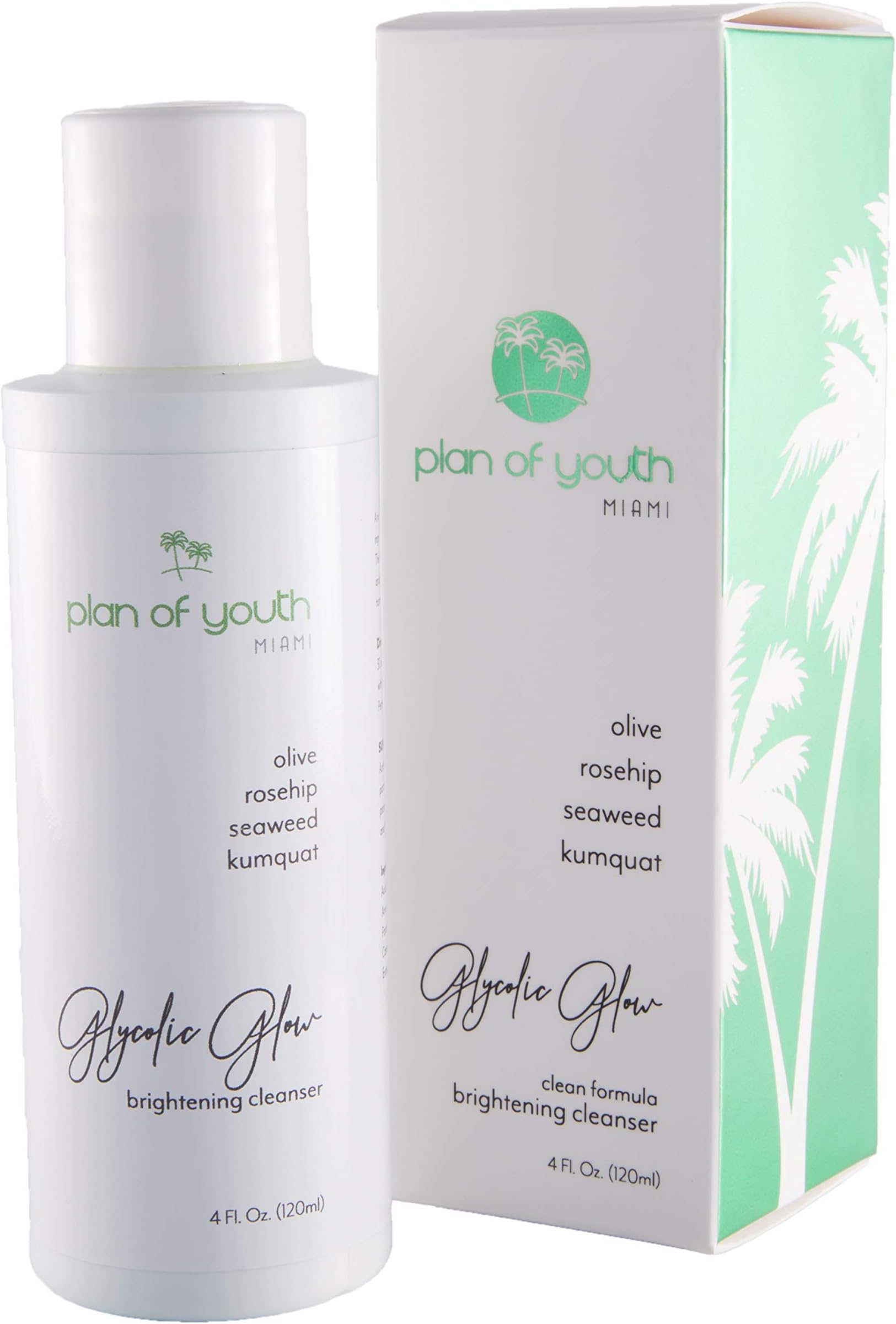 Plan of Youth Miami Glycolic Glow Cleanser face wash with 10% AHAs, antioxidants and anti-aging ingredients. Cell renewal, acne treatment, dark spots and wrinkles. (120ml)