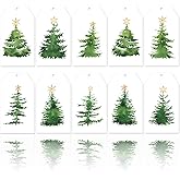 120Pcs Christmas Paper Gift Tags with Hemp Rope Watercolor Xmas Tree Tag Pre-Punched with Holes Holiday Plant Favor Tag Hanging Labels, 10 Design
