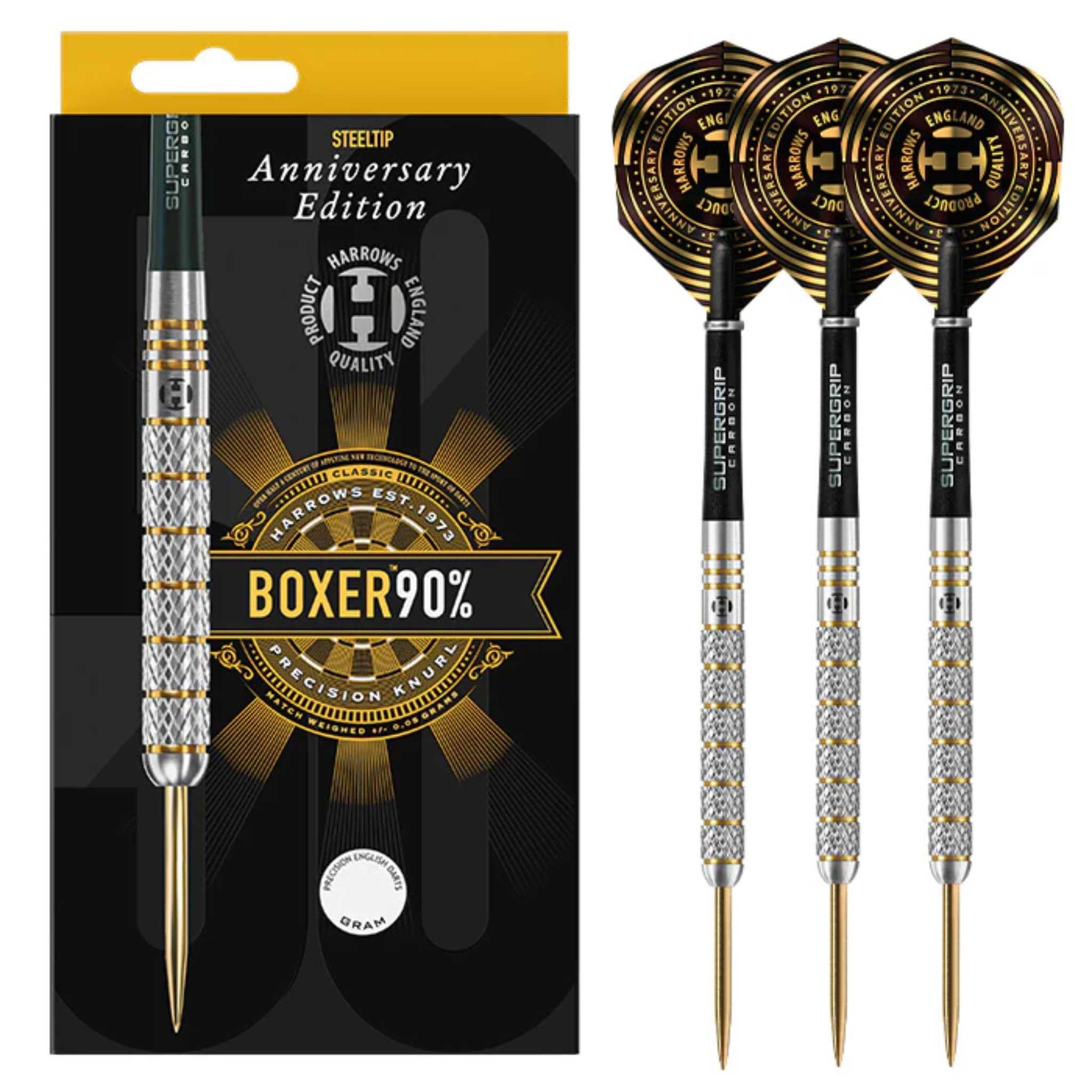 Harrows Boxer 90% Tungsten Steel Tip Darts Set. Available in 21g, 23g, & 25g - Includes Midi Supergrip Carbon shafts & New Anniversary 100 Micron Flights (21, Grams)