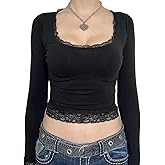Women Y2k Retro Long Sleeve Shirt Top Slim Fit Lace Trim T-Shirt Harajuku Fairy Aesthetic Tee Tops Streetwear