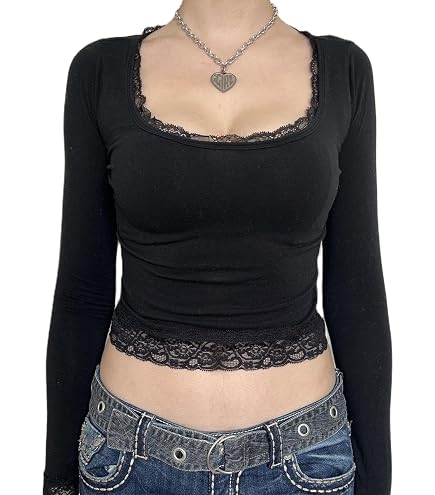 Women Y2k Long Sleeve Top Slim Fit Lace Trim T-Shirt Fairy