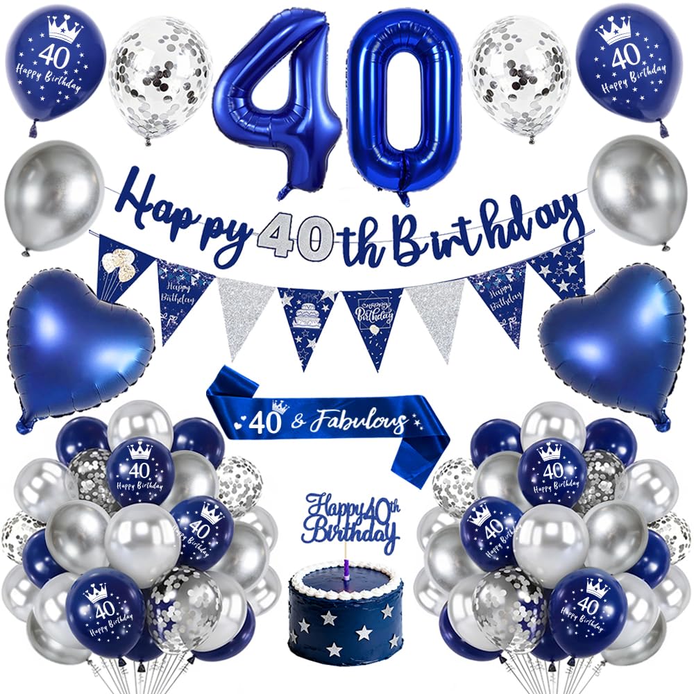 40th Birthday Decorations Men,Royal Blue Silver 40 Birthday Balloons with Happy 40th Birthday Banner, Number 40 Foil Balloons, Birthday Sash, Cake Topper,40th Birthday Party Decorations Set for Him
