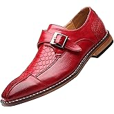Pointed Toe Dress Oxfords Shoes for Men with Monk Strap, Vintage Casual Slip-on Hand Stitched Stacked Heel Wide Derby Shoe for Office Work Business Fashion