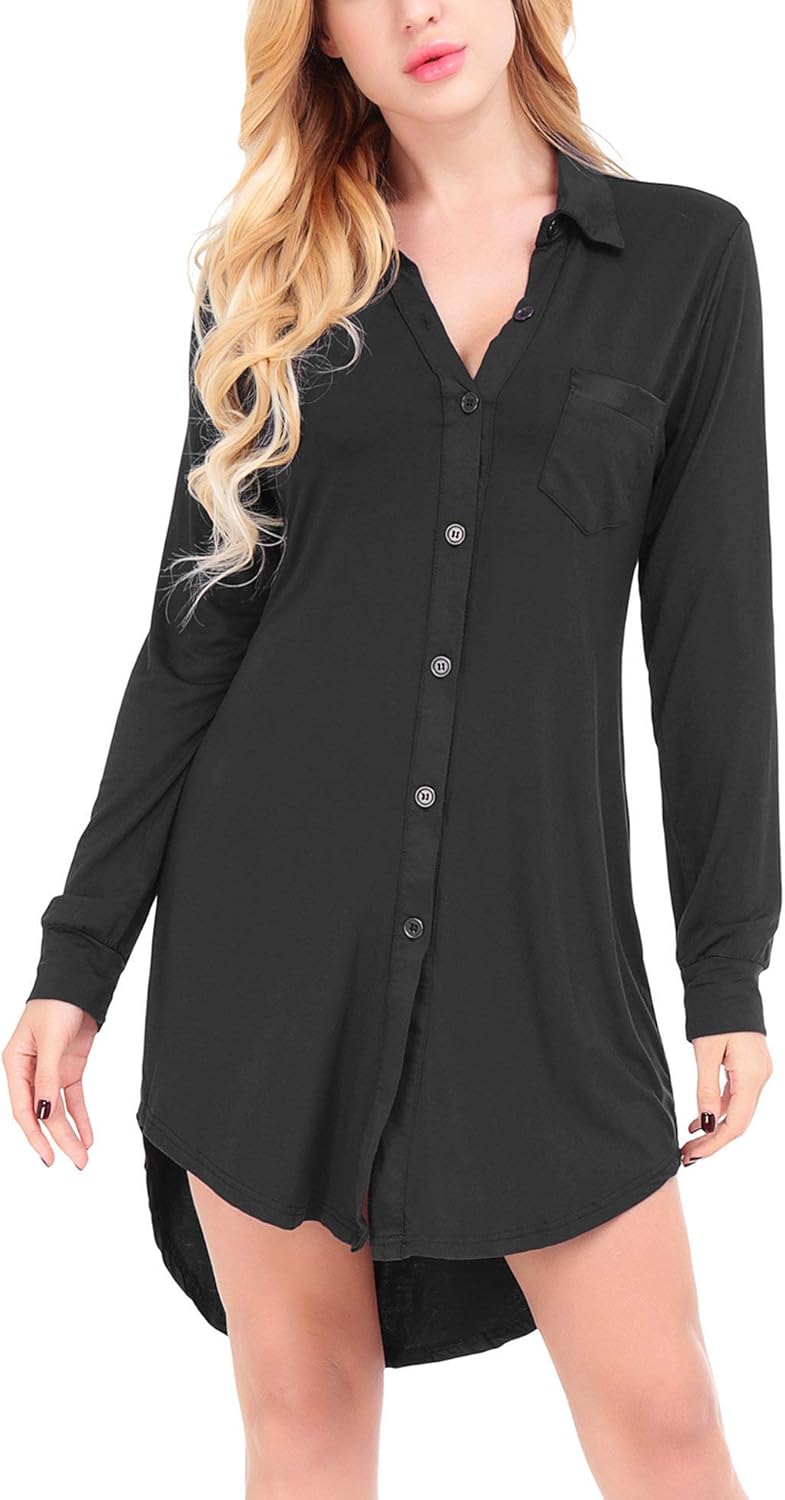 Hotouch Nightgown Womens Nightshirt Short Sleeve Button Down Sleep Shirts Lapel Collar Sleepwear