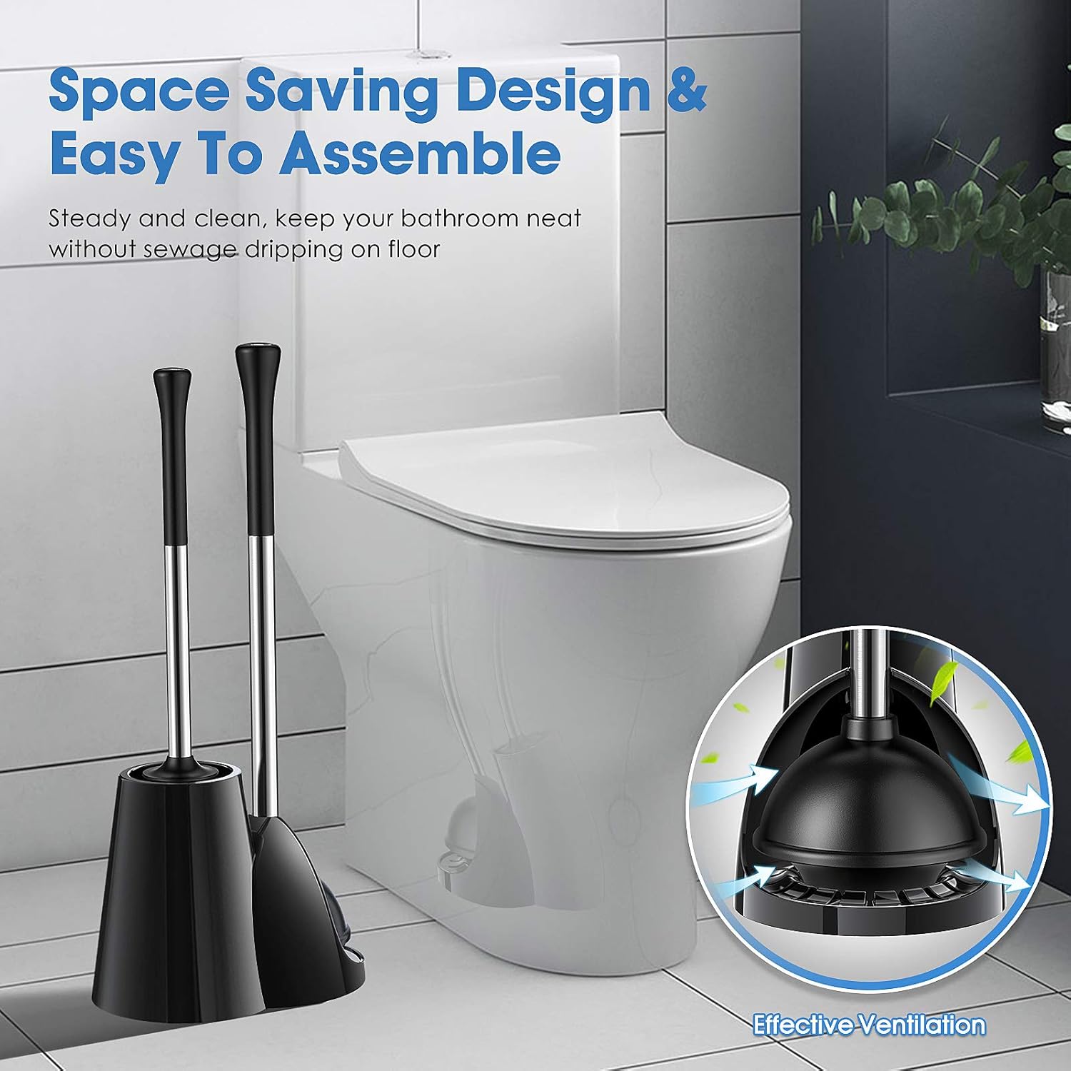 Homemaxs Toilet Plunger with Brush -【2021 Newest】2-in-1 Plunger and Toilet Brush Combo with Holder- Heavy Duty Plunger set with 304 Stainless Steel Handle & Patented Water Storage Design for Bathroom: Kitchen & Dining
