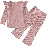 GLIGLITTR Toddler Baby Girls Clothes Set Ruffle Knit Ribbed Long Sleeve T-Shirts Tops+Pants 2Pcs Outfits Fall Winter Clothes