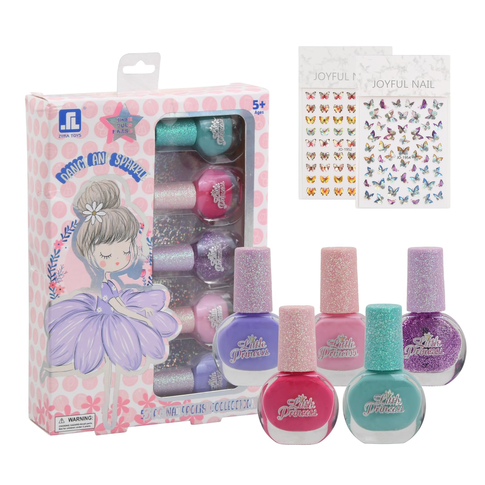 Rundago 7 pcs Kids Nail Polish Set, 5 Colours Non-toxic Odourless Peel Off Aqua Nail Polish Quick Dry with Nail Butterfly Sticker, Nail Polish Gift Kit for Girls 6-12 Years Kids