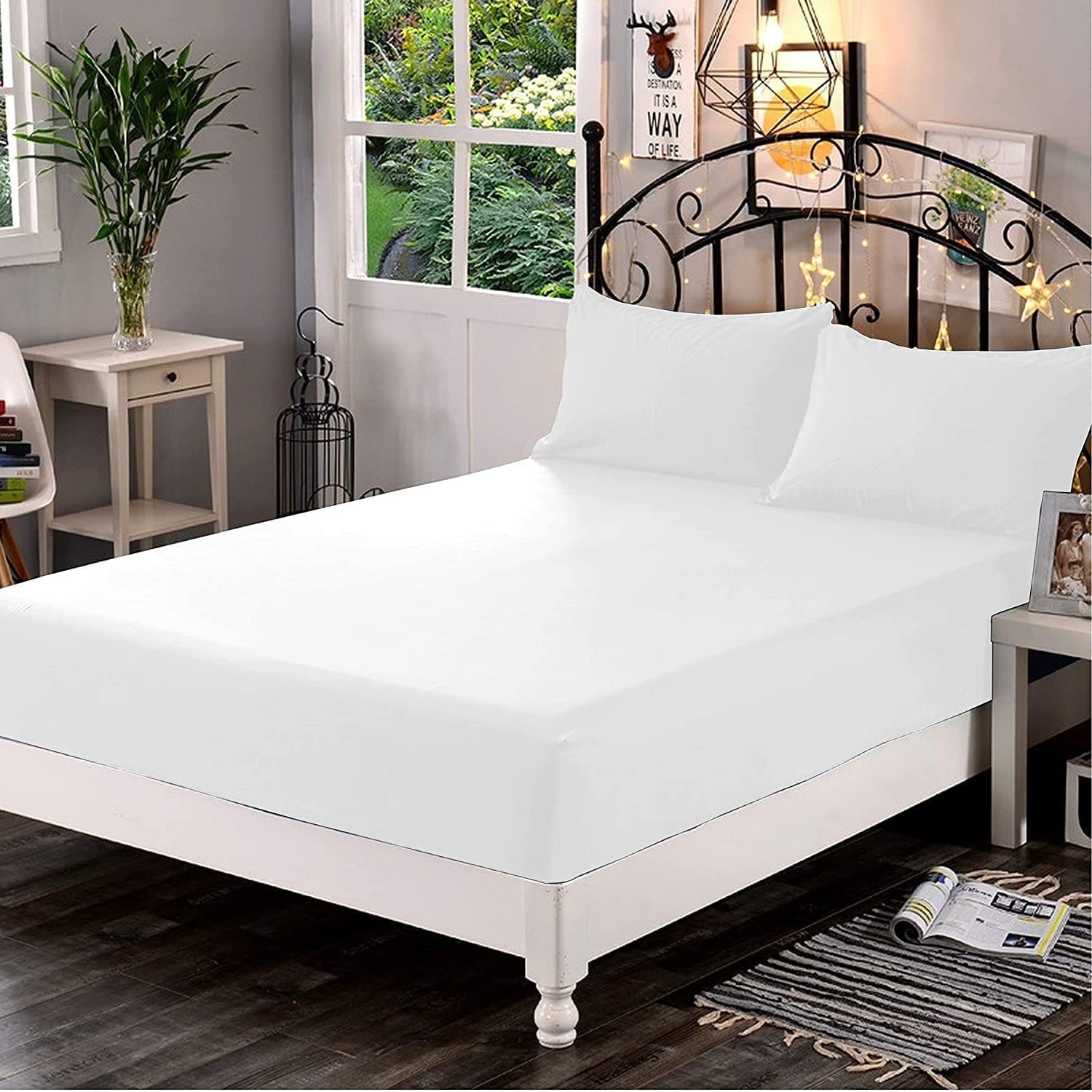 100% Egyptian Cotton Fitted Sheet, 400 Thread Count 30cm Deep Sheet White, Luxury & Ultra Soft Bedding Extra Deep Fitted Sheet - Fits Mattress Up to 12" Deep Pocket (Emperor Size, White)