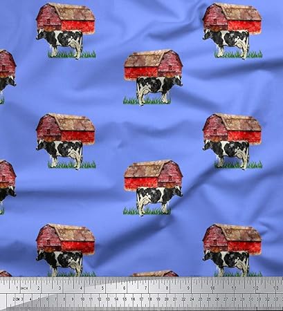 Soimoi Blue Heavy Canvas Fabric Barn Cow Farm Print Fabric By