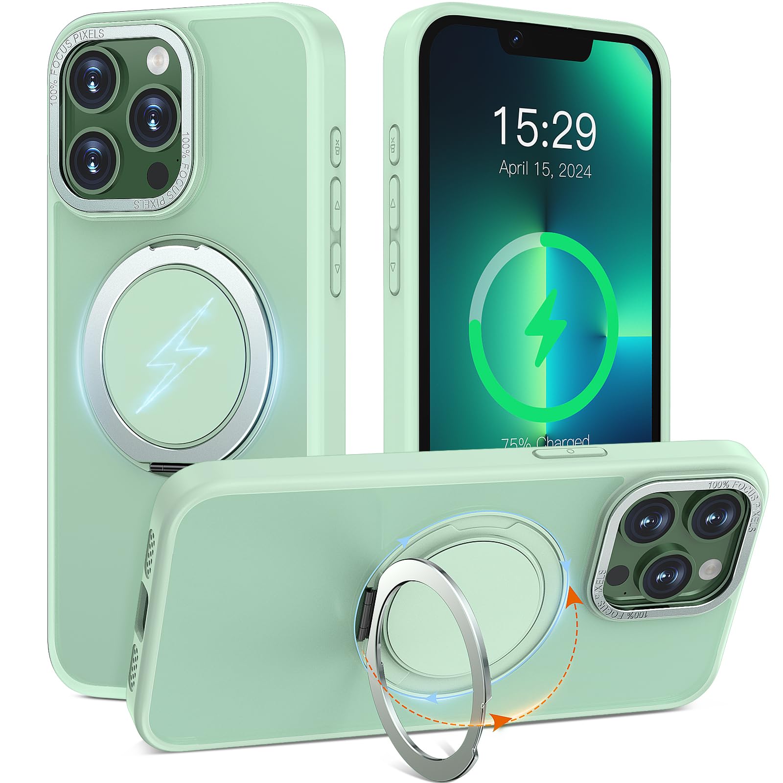 Photo 1 of ACANDYA for iPhone 13 Pro Max Case Magnetic Ring Holder Kickstand Compatible with Magsafe Military Grade Drop Protection Heavy Duty Men Women Translucent Cover for iPhone 13 Pro Max Light Green