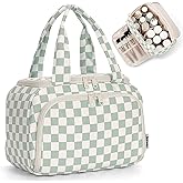 Narwey Checkered Travel Toiletry Bag for Women Large Makeup Bag, Wide-open Cosmetic Make Up Organizer with Handle, Travel Bag for Toiletries, Essentials, Accessories (Mint Green Checkerboard)