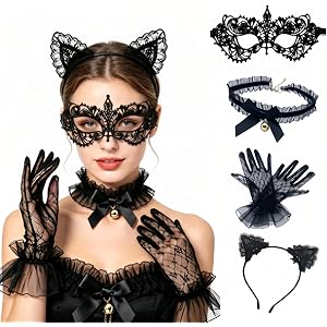 Gorbgle Cat Masquerade Mask Lace cat ears Headband Women Party Halloween | Halloween Lace Masquerade Mask accessories set for