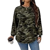 RoseSeek Women's Plus Size Camo Sweatshirts Crewneck Long Sleeve Drop Shoulder Fall Tops