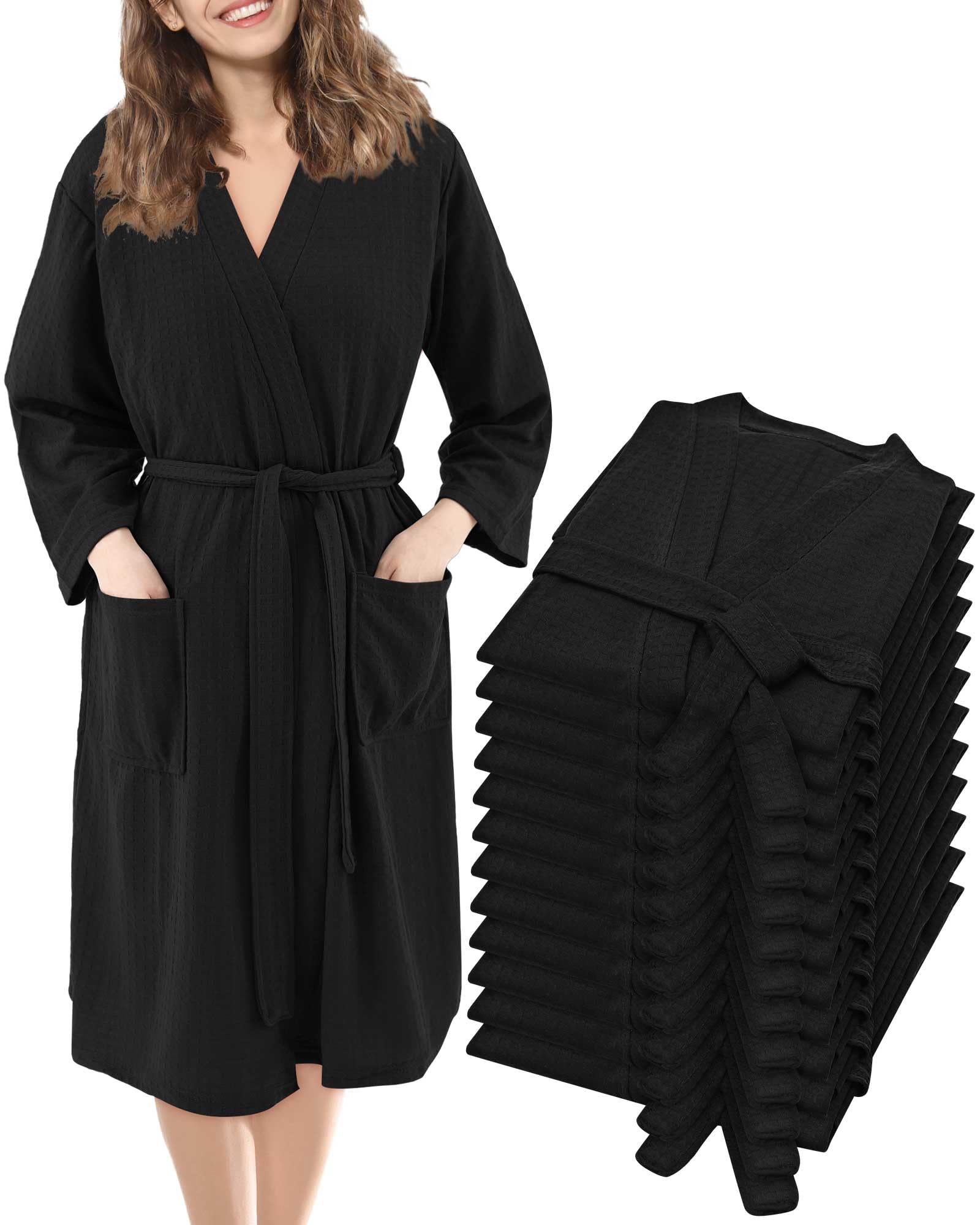 Photo 1 of Panitay 12 Pcs Women's Waffle Knit Robes Thin Spa Bath Robe Bulk Hotel Lightweight Commercial Soft for House Shower Party(X-Large,Black)