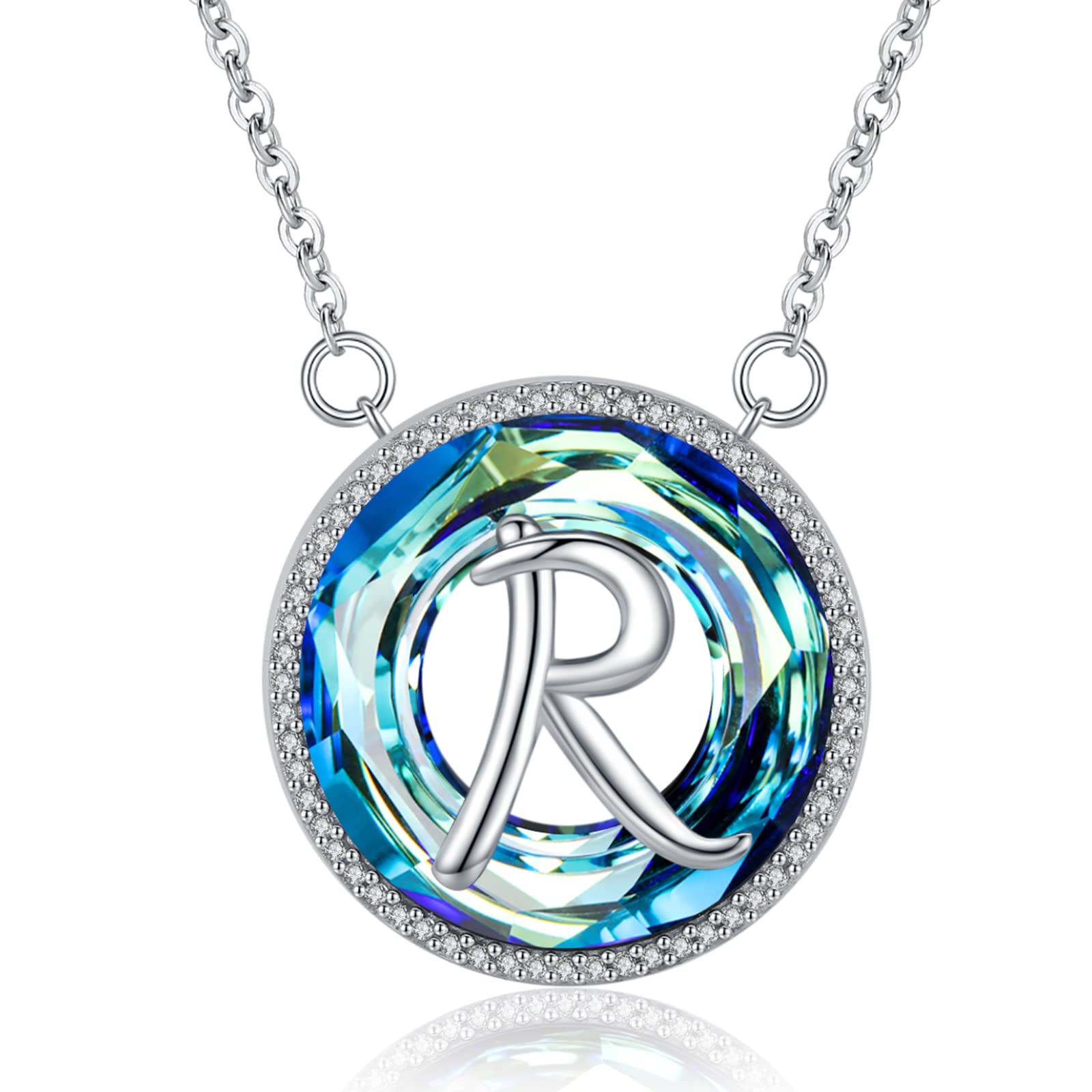 Eusense Letter R Pendant 925 Silver Blue Round Crystal Necklace Initial Necklaces for Her Alphabet Jewellery Gifts for Women