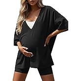 Sweetyweee Women's 2 Piece Maternity Lounge Set Oversized Nursing V Neck Short Sleeve Shirt Cotton Pregnancy Short Pajama Set