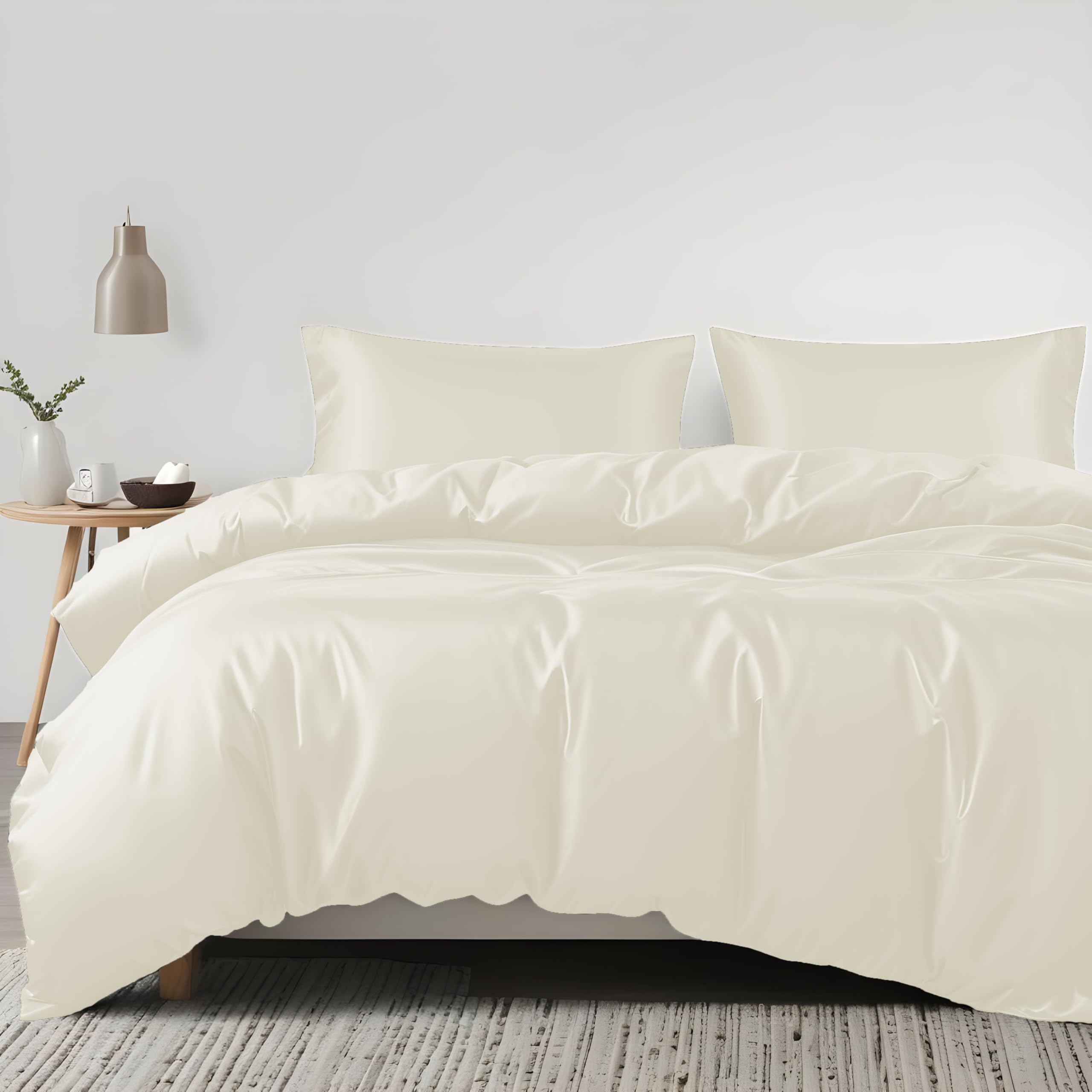 LINENWALAS 100% Eucalyptus Silk Duvet Cover Set, Luxury Tencel Lyocell Cooling Duvet Cover Set, Softer than Egyption Cotton, Natural Moisture Wicking, Anti-Allergy Quilt Cover (King, Ivory/Off-White)