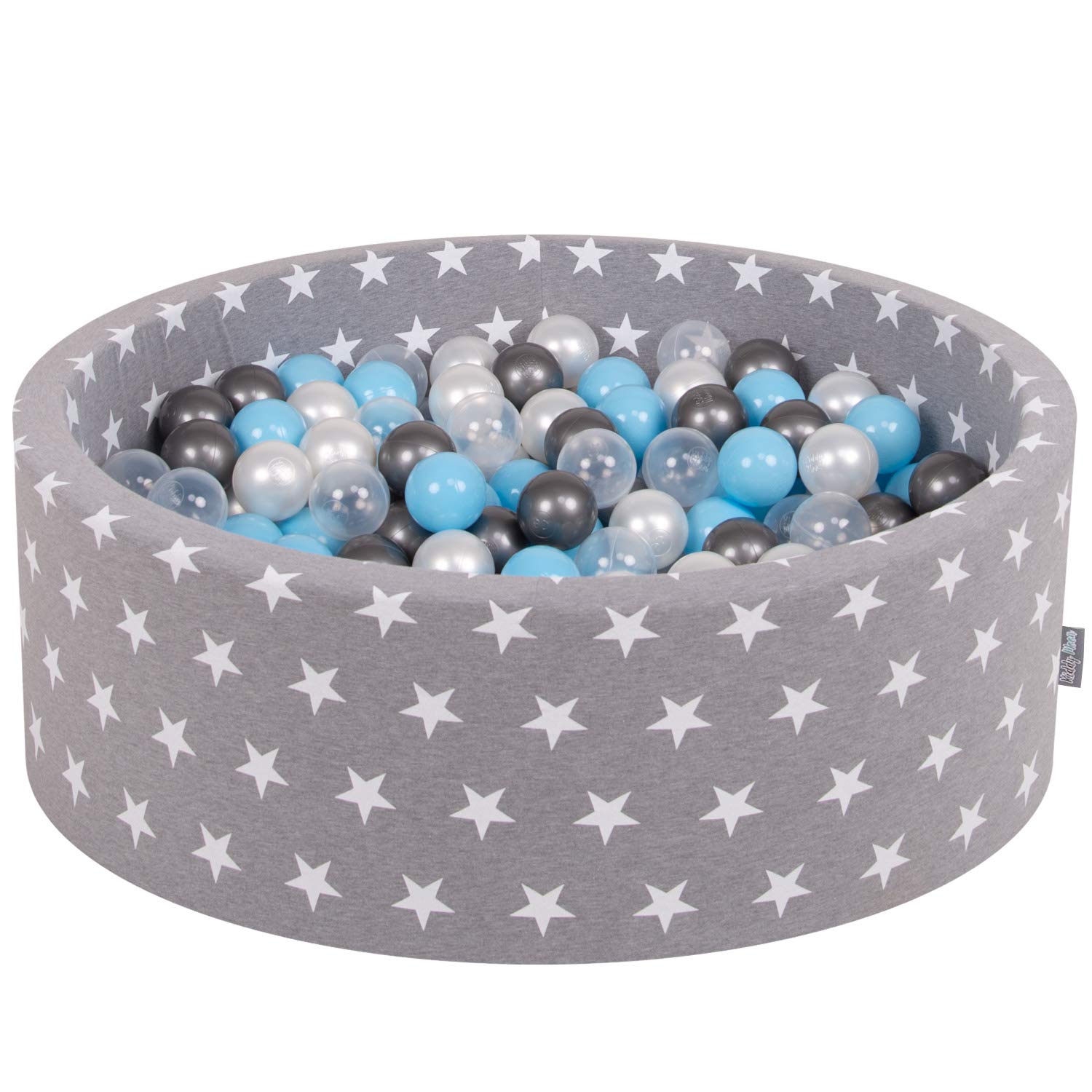 KiddyMoon Soft Ball Pit Round 90X30cm/300 Balls ∅ 7Cm / 2.75In For Kids, Foam Ball Pool Baby Playballs With Stars, Made In The EU, Grey Stars: Transparent/Silver/Pearl/Baby Blue