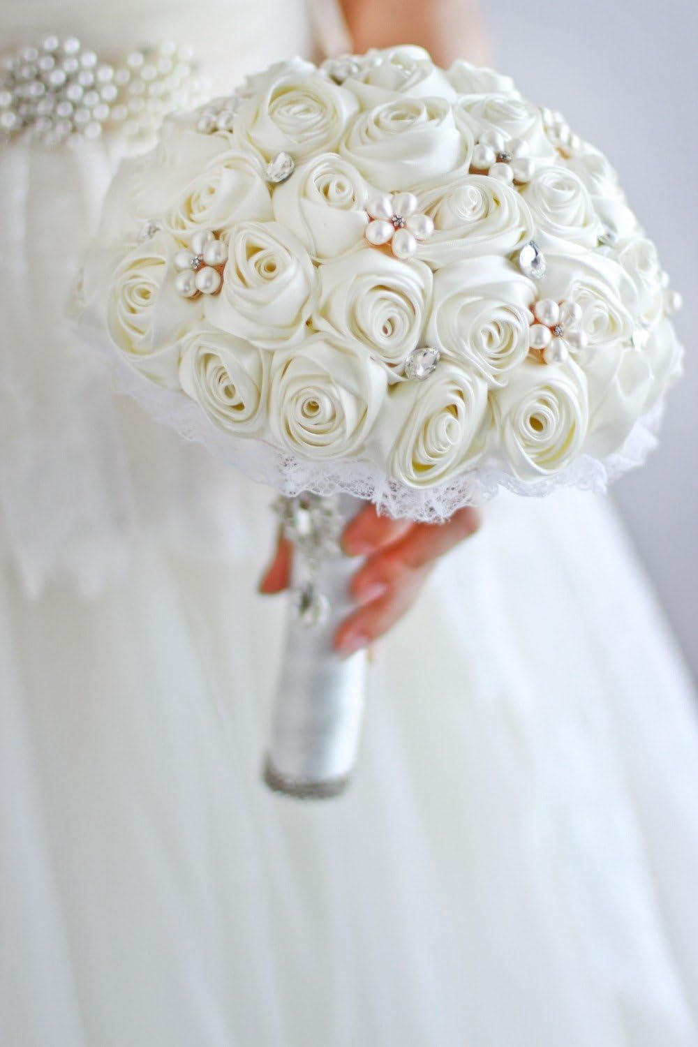 Amazon Com Ivory Rose Flower Bridal Brooch Bouquet Wedding Bride S Jewelry Pearl Rhinestone Cloth Fabric Bouquets Home Kitchen