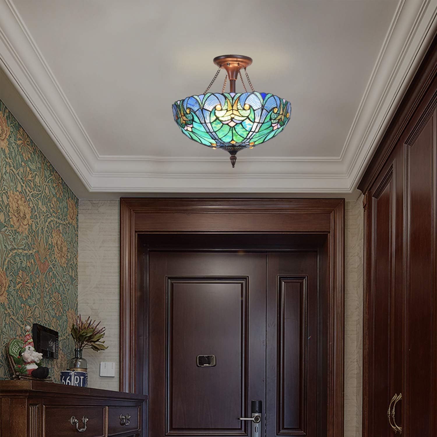 Cotoss Tiffany Style Ceiling Light Fixtures, 2-Light Semi Flush Tiffany Ceiling Lights, 16 Inch Wide Blue Stained Glass Ceiling Light, Tiffany Style Ceiling Flush Mount: Home Improvement