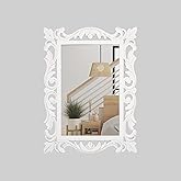 Homebia Designs White Antique Carved Wall Mirror, MDF Wood Frame with Ornate Design - Decorative Accent for Living Room, Bedr