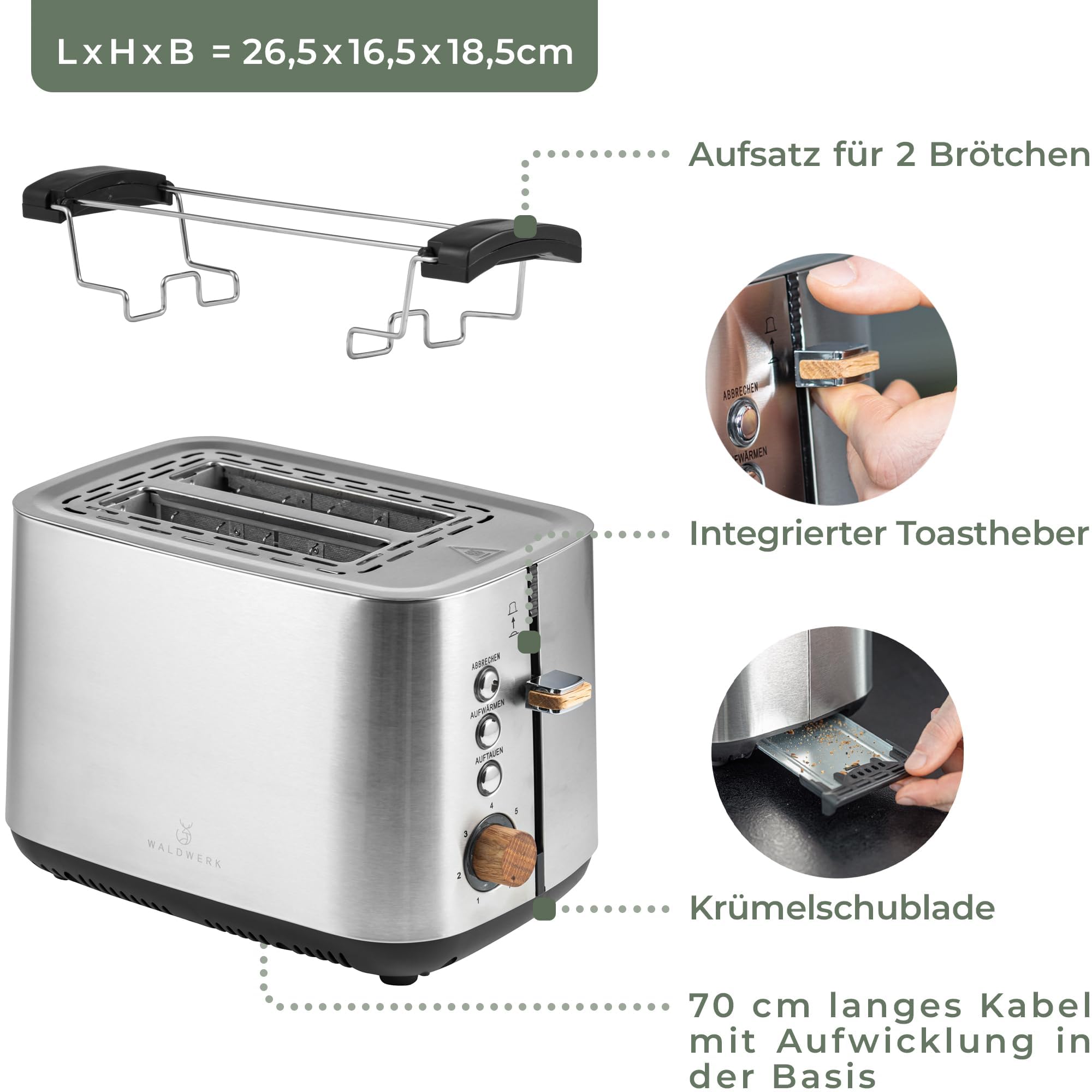 WALDWERK Design Toaster - aus 304 Edelstahl und Eichenholz - für 2 Scheiben - mit Brötchenaufsatz - mit extra breiten und tiefen Toastkammern - mit Krümelschublade 6
