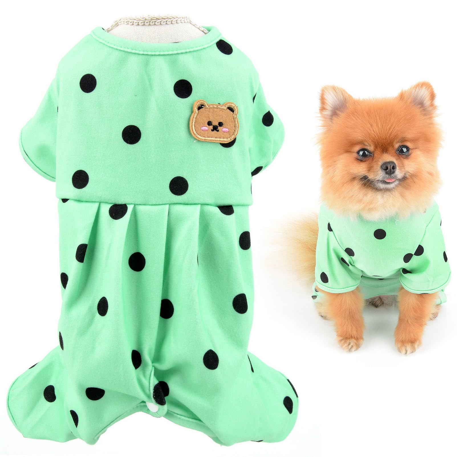 SMALLLEE_LUCKY_STORE Small Dog Clothes Cute Retro Dots Puppy Pajamas Pjs Belly Cover Cat Pyjamas Stretchy Jumpsuit Warm Sleepwear Outfits for Yorkie Chihuahua,Green,L