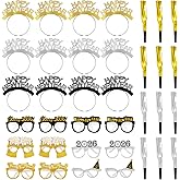 Dhthdrh 36Pcs New Years Eve Party Supplies 2026 Happy New Year Headband Tiara Glasses Metallic Fringed Noise Makers 2026 for Adults
