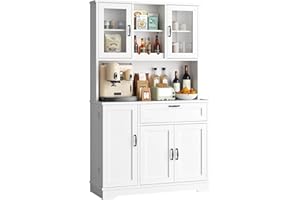 Vongrasig Tall Kitchen Pantry, Modern Kitchen Storage Canibet with Hutch and Microwave Stand, Pantry Cabinet with Shelves for Dining Room, White