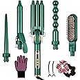 Yinhua Curling Iron Set, 5 in 1 Curling Wand with 4 Interchangeable Ceramic Barrels and 1 Straight Hair Brush, 30S Instant Heat Up, LCD Temp Adjustment, Dual Voltage, Includes Heat Resistant Gloves