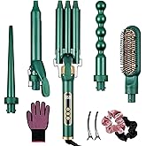 Yinhua Curling Iron Set, 5 in 1 Curling Wand with 4 Interchangeable Ceramic Barrels and 1 Straight Hair Brush, 30S Instant Heat Up, LCD Temp Adjustment, Dual Voltage, Includes Heat Resistant Gloves