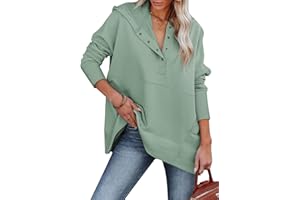 AlvaQ Women Casual Button V Neck Hoodies Oversized Pullover Sweatshirt Hooded Tops with Pockets