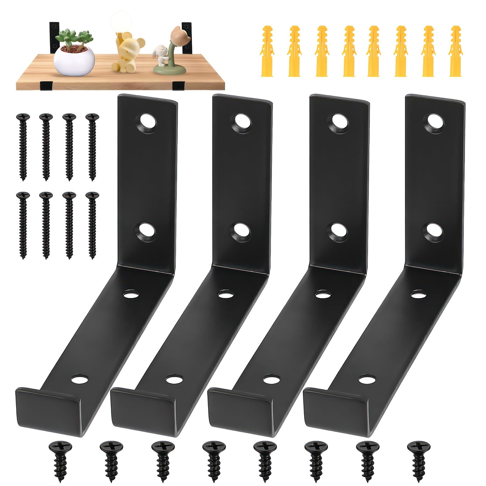 4 Pcs Scaffold Board Shelf Brackets Heavy Duty Shelf Brackets for Shelving Bracket, Black Industrial Rustic Metal Wall Brackets with Lips for Scaffold Boards(142 mm/5.6 inch)