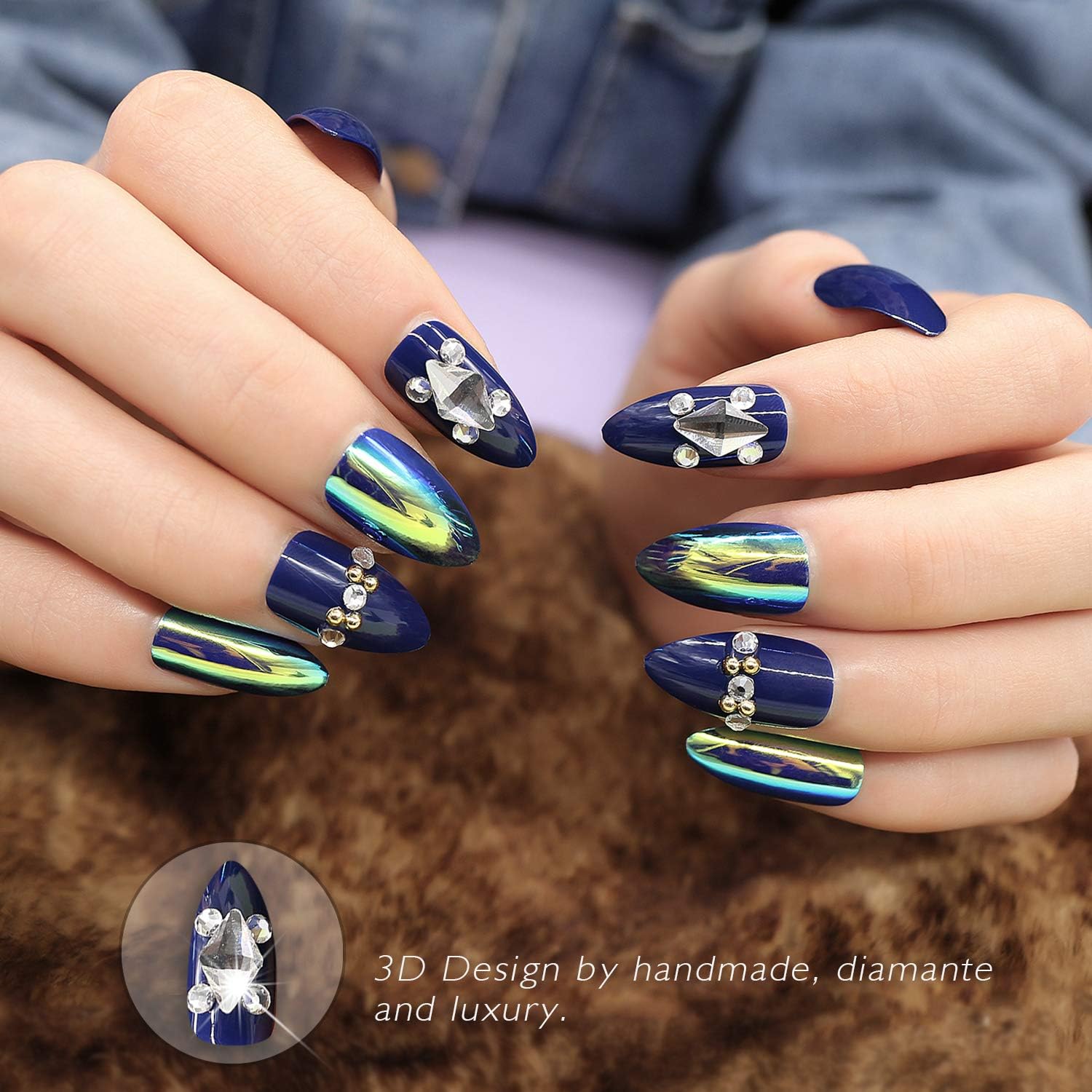 Stiletto False Nails 3D Diamond Press On Fake Nail Tip with Hologram Blue Nails for Ladies??