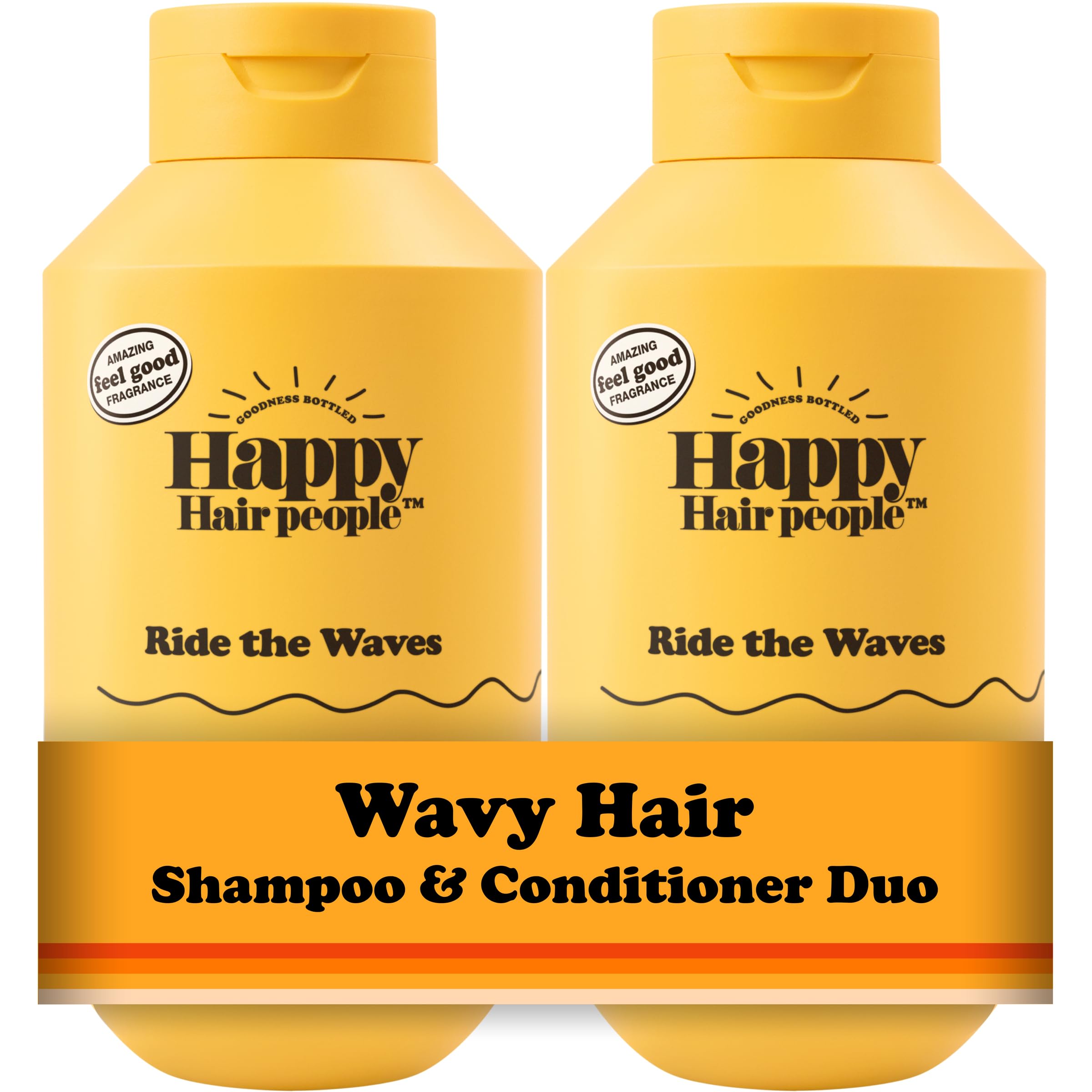 Happy Hair People Ride the Waves Shampoo & Conditioner Set (2 x 355ml) for Hydrating Wavy Hair, Wave Enhancing, Frizz Control - Vegan, Sulphate-Free - Mood-Boosting Orange Fragrance