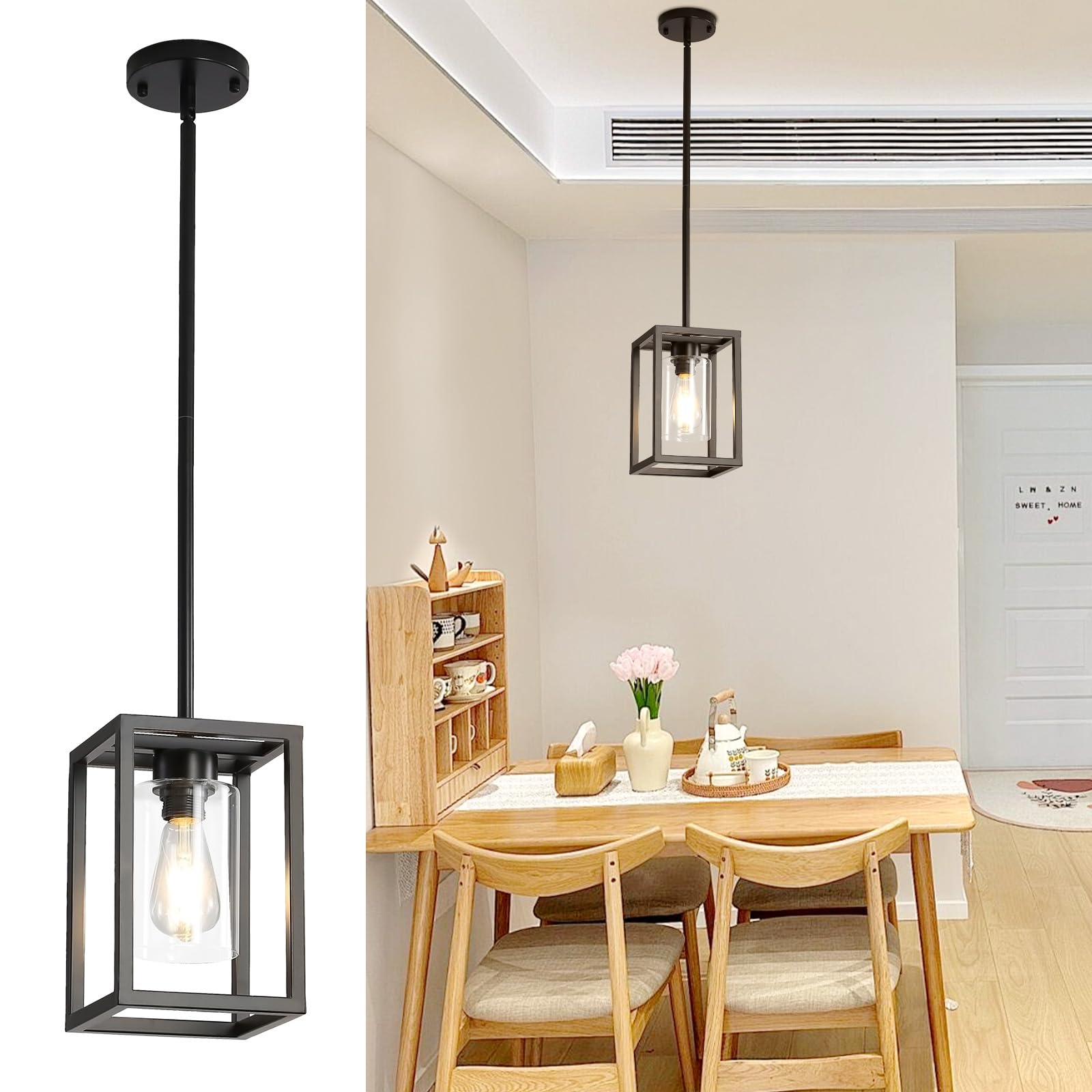 Photo 1 of LOUSACE 1-Light Black Pendant Light Kitchen Island Farmhouse Pendant Light Fixtures Hanging Metal Cage Rectangular Chandelier Single Pendant Lantern with Glass Shade for Dining Room Entryway Hallway