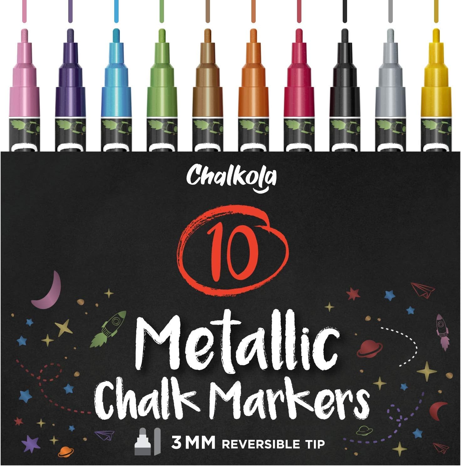 Metallic Liquid Chalk Markers Fine Tip - Dry Erase Marker Pen for Chalkboard Signs, Windows, Blackboard, Glass - 3mm Reversible Tip (10 Pack) - 50 Chalkboard Labels Included : Office Products