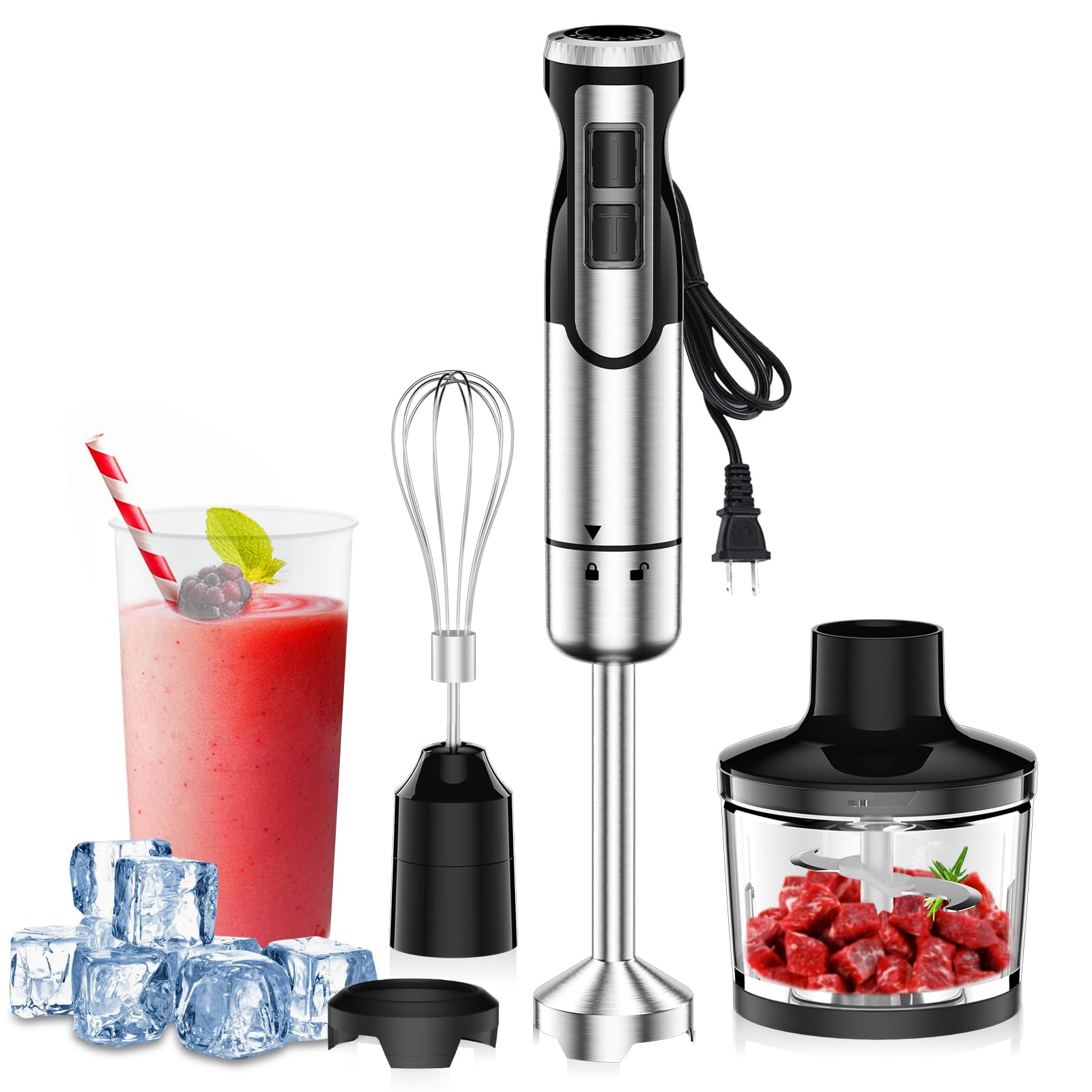 Photo 1 of **PARTS ONLY** Colarlemo 1800W Immersion Blender Handheld 4-in-1 Hand Blender Stick for Ice Crushing Smoothie, Baby Food, Soup, 8 Speed Hand Mixer Turbo Boost Stainless Steel Blade with Whisk, Chopper, Beaker
