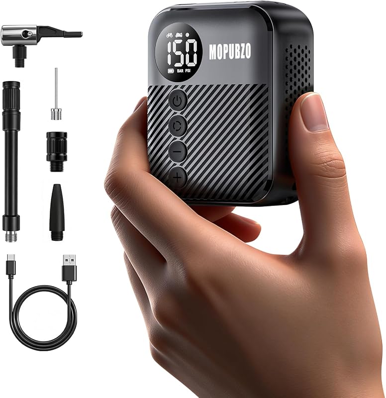 Tiny Pompe à vélo avec manomètre, pompe à air électrique, 150 psi, arrêt automatique, compatible avec la plupart des valves d'air, gonflage rapide pour vélo électrique, VTT et vélo de route
