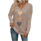 GORGLITTER Women's Heart Shirts V Neck Long Sleeve Funny Holiday Graphic Tee Top Fall Dressy Tshirts