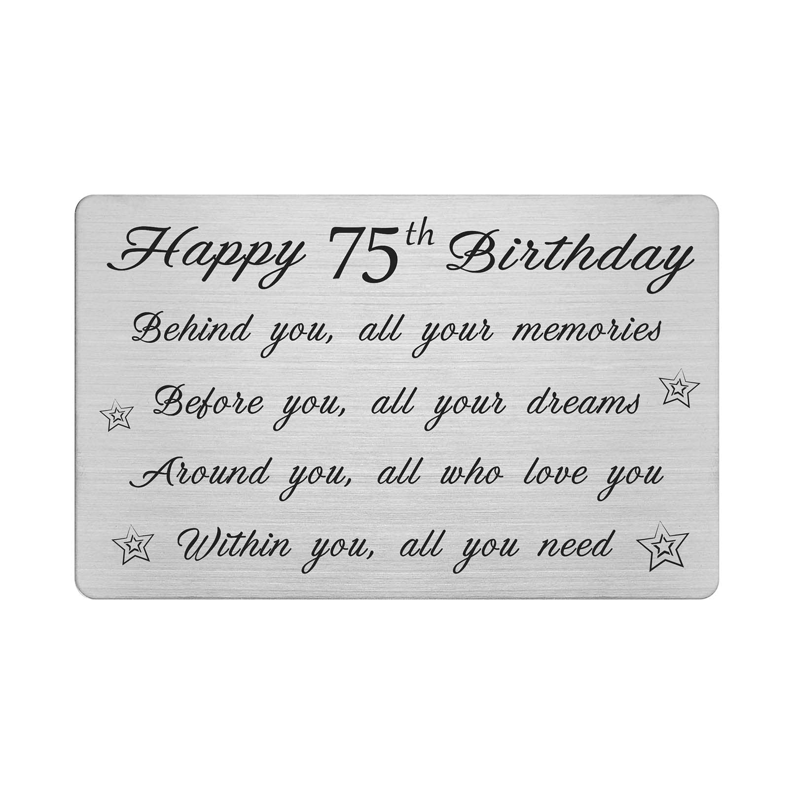FALOGI Happy 75th Birthday Card - Behind You All Your Memories - 75 Year Old Birthday Gifts for Men Women, Personalised Engraved Wallet Card