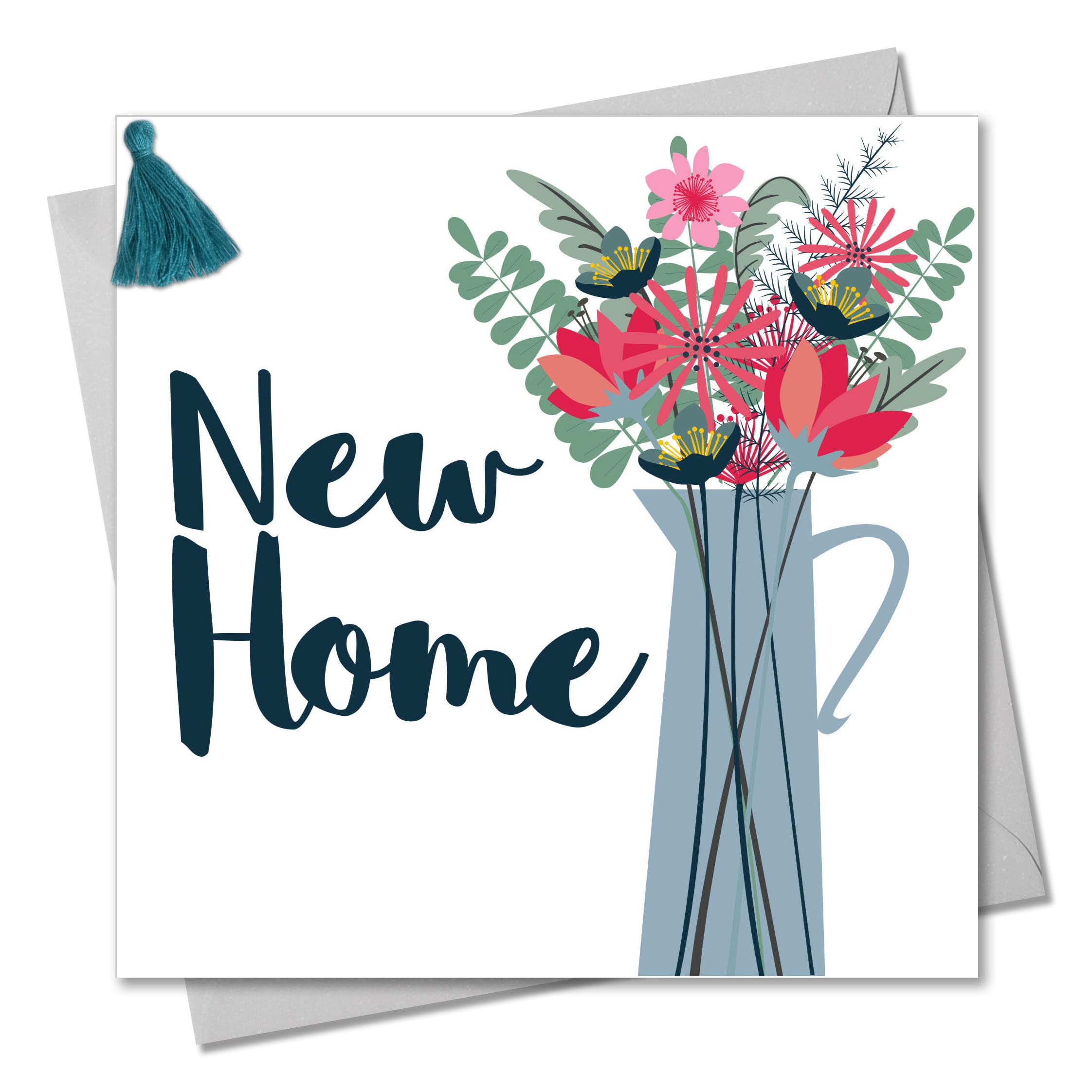 Claire Giles Greeting Cards, Happy New Home Card, Vase of Flowers design Congratulations on New Home Greeting Card, Embellished with a colourful tassel