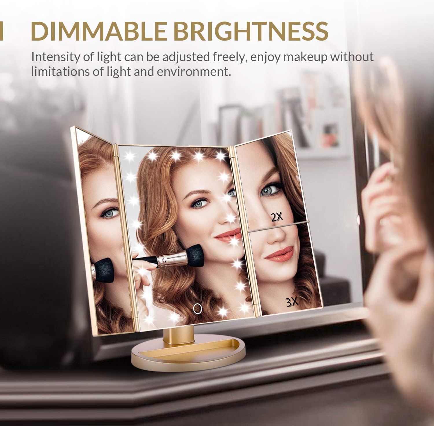 EASEHOLD Makeup Mirror with Lights 21 LEDs Lighted Vanity Mirror 2X 3X Magnifying 180 Degree Adjustable Desk Mirror with Touch Screen Dual Power Supply Countertop Trifold Cosmetic Mirror -