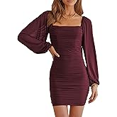 MASCOMODA Women Elegant Square Neck Lantern Long Sleeve Mini Ruched Bodycon Dress Stretch Mesh Slim Party Cocktail Dresses