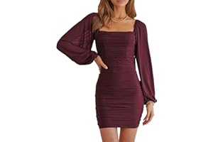 MASCOMODA Women Elegant Square Neck Lantern Long Sleeve Mini Ruched Bodycon Dress Stretch Mesh Slim Party Cocktail Dresses
