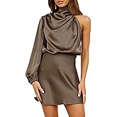 Women's Satin Long Sleeve One Shoulder Mini Dress Silk One Sleeve Turtle Neck Cut Out Cocktail Short Dress for Women