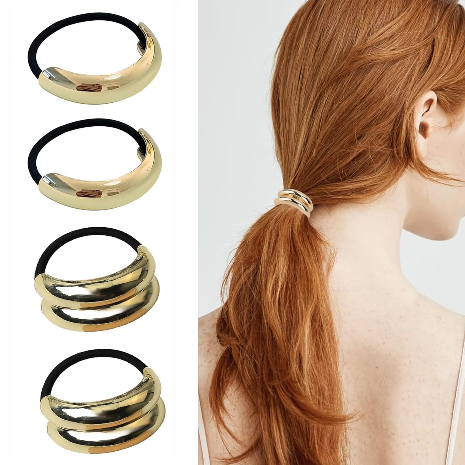 ARROMI 4 Pcs Gold Hair Cuffs, Ponytail Cuffs, Single & Double Layer Semi-Circular Elastic Headbands, Suitable for Thick Hair in Ponytails