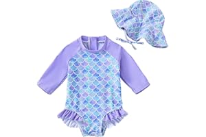WOLBAY Baby Girl Swimsuit Long Sleeve One Piece Rash Guard with Sun Hat Zipper Bathing Suit Size 0-2T